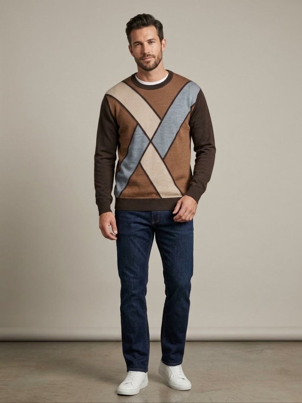 SCALA MILANO Brown Geometric Wool Blend Crewneck Sweater Large